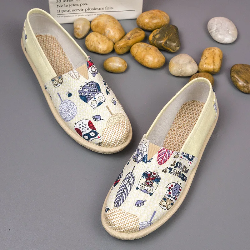 Fashion Women Slip on Flats Print Flat Bottom Light Mesh Lazy Fisherman Shoes Canvas Breathable Flat Women's Single Shoe
