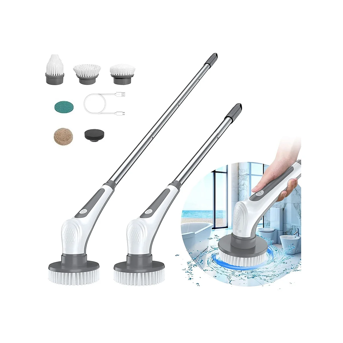 

Electric Spin Scrubber, 10-in-1 Cordless Cleaning Brush IPX8 with 6 Replaceable Brush Heads and 4 Section Removable Rod