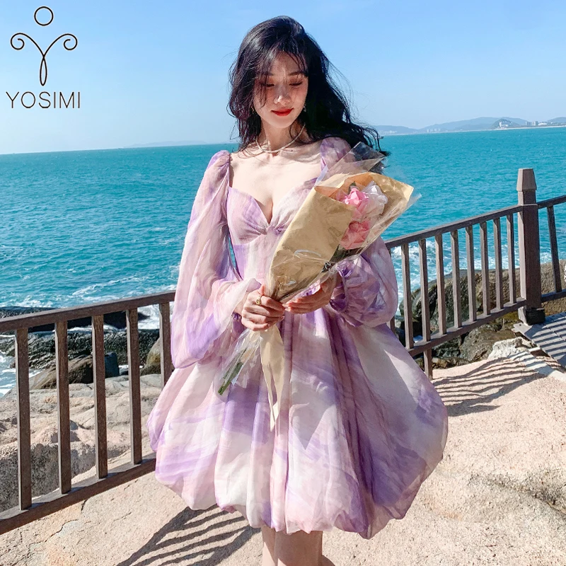 

YOSIMI Print Chiffon Mini A-line Dress 2022 Summer Light Purple Strpless Backless Long Sleeve Empire Waist Women Dress Elegant