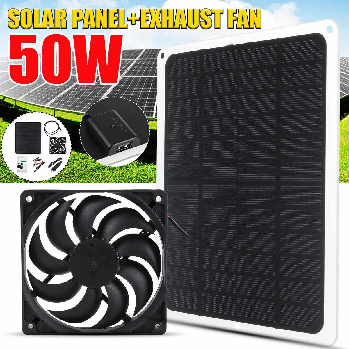 

50W 12V Solar Panel Powered Exhaust Fan Waterproof USB Solar Exhaust Fan for Dog Chicken House Greenhouse RV Car Fan Charger