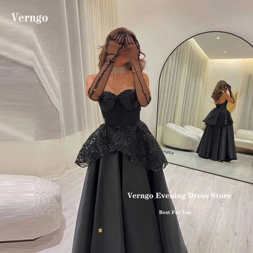

Verngo 2023 Glitter Black Dubai Women Evening Dresses Sweetheart Peplum A Line Saudi Arabic Prom Gowns Formal Party Occasion