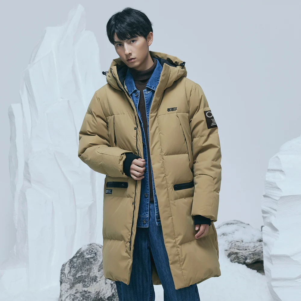 Metersbonwe Polar Series Men Thick Winter Warm Down Jacket 80% Gray Duck Down Hooded  Medium Length Waterproof  Down Coat