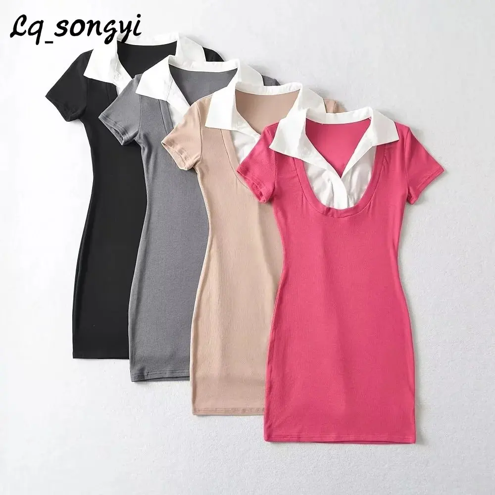 

Имитация рубашки из двух частей платье с воротником пикантное в стиле преппи облегающее платье на бедрах Женская рубашка-поло с коротким рукавом Вязаные мини-платья