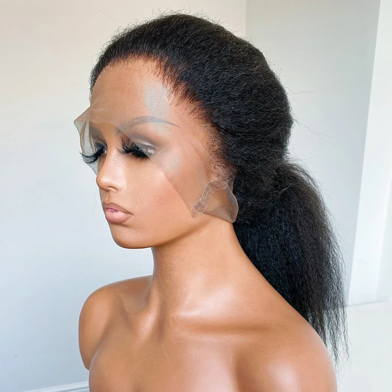 

12-26 Kinky Straight Wig 180 Density Black Yaki Lace Front Wig For Women With Baby Hair Synthetic Wigs Heat Temperature Glueless