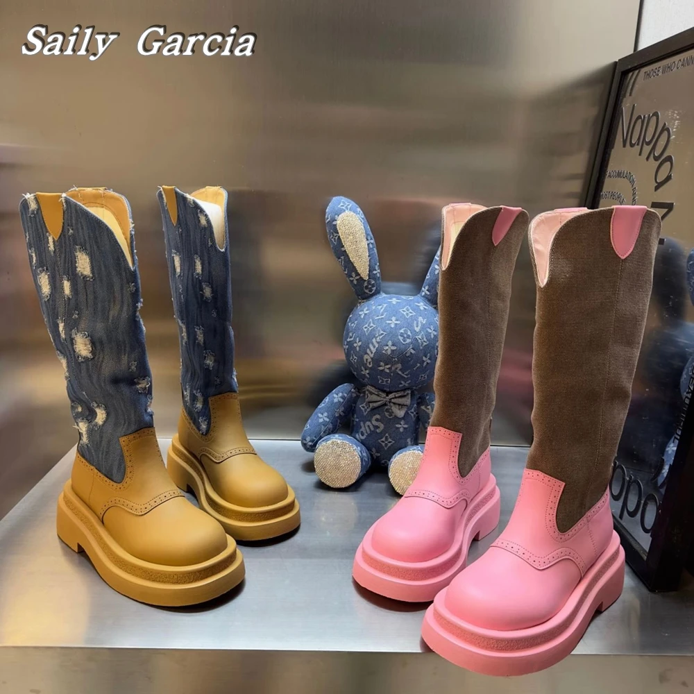 

Ковбойские сапоги без шнуровки в стиле ретро, парусиновые/замшевые сапоги с круглым носком, повседневные сапоги до колена, смешанные цвета, весна-осень