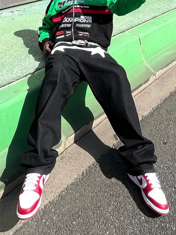 New Trendy Black Baggy Jeans Men Y2K Fashion Logo Printed Cotton Denim Pants Streetwear Patched Loose Straight Casual Trousers