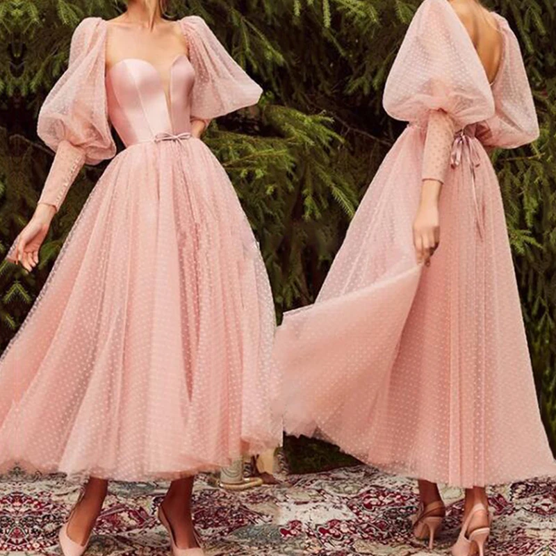 

2022 Sweetheart Puff Sleeves Bohemian Tea Length Blush Pink Party Dress for Graduation robe fete femme