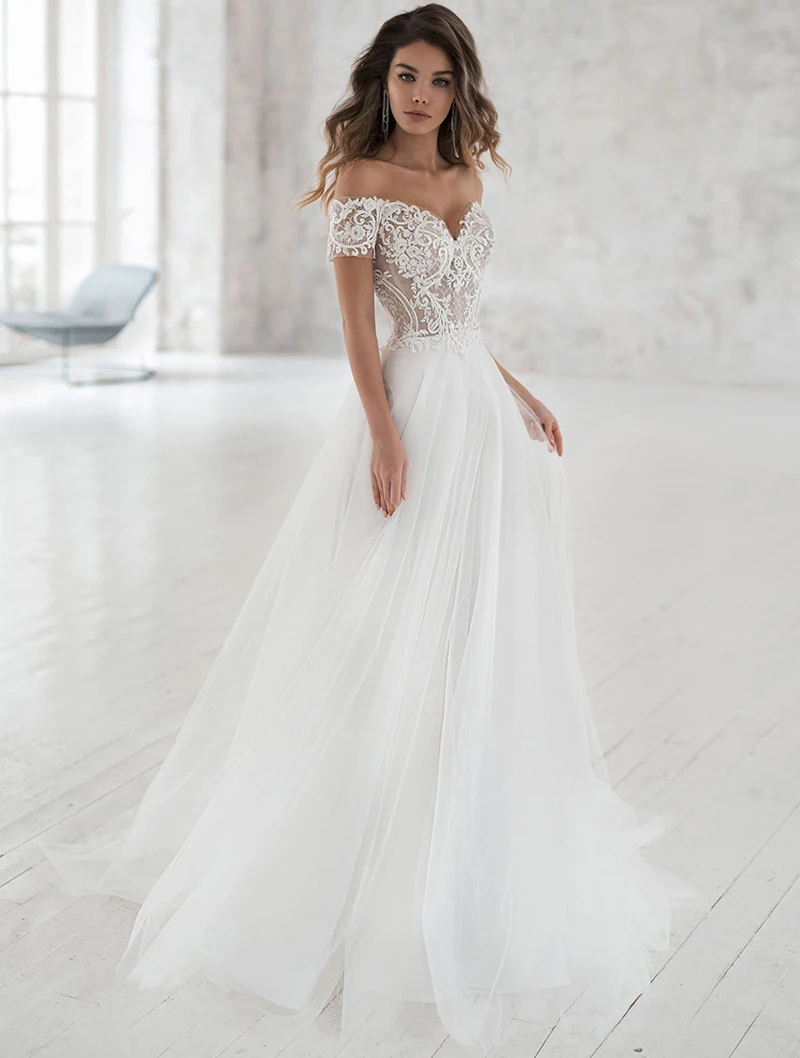 

Graceful Off Shoulder Beach Wedding Dresses 2023 For Women Sweetheart Lace Applique A Line Bohemian Bridal Gown Vestido De Novia