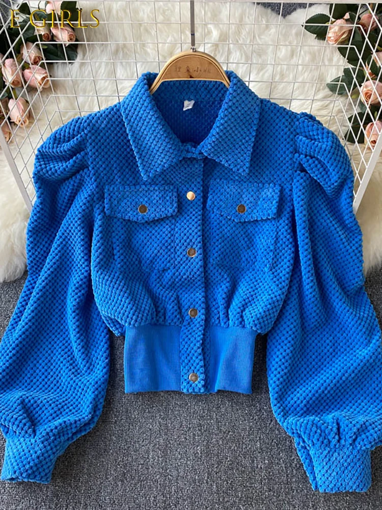 

J GIRLS Autumn Winter Vintage Turn-Down Collar Single Breasted Corduroy Blouse Women Elegant Lantern Long Sleeve Casual