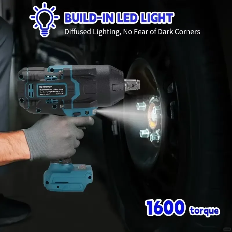 Фото Аккумуляторный бесщеточный ударный гайковерт Heimerdinger 1600N LB268, беспроводной электроинструмент со светодиодной подсветкой, 3 скорости, высокий крутящий момент, без проводов. №5