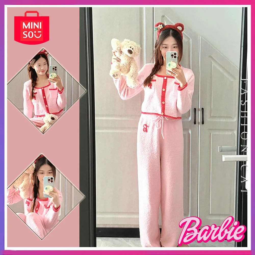 

Miniso Barbie Pink Island Velvet Pajamas Plus Velvet Thickening Winter Coral Velvet Home Wear Plush Knit Girls Christmas Gift