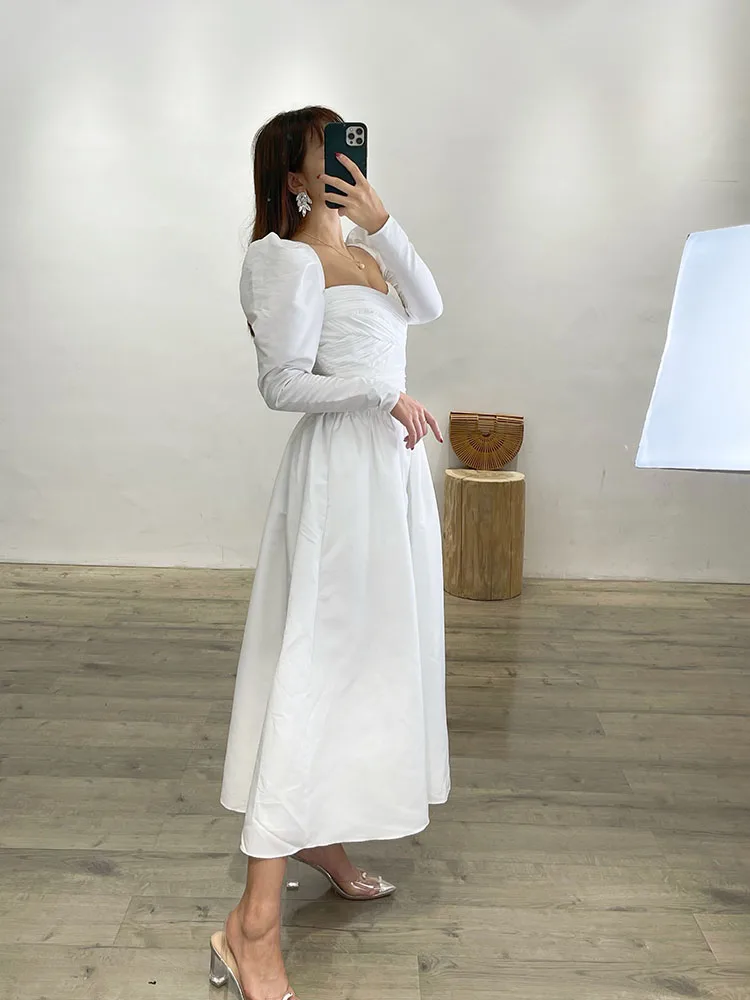

2023 New Women Vintage Square Neck Pleated Bubble Sleeve Long Sleeve Dress