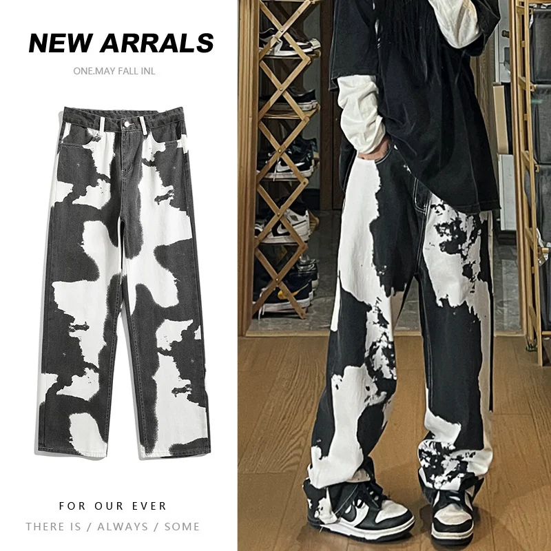 Blue Black Tie Dyed Jeans Men Fashion Oversized Retro Printed Jeans Mens Streetwear Hip-hop Loose Straight Denim Trousers Men