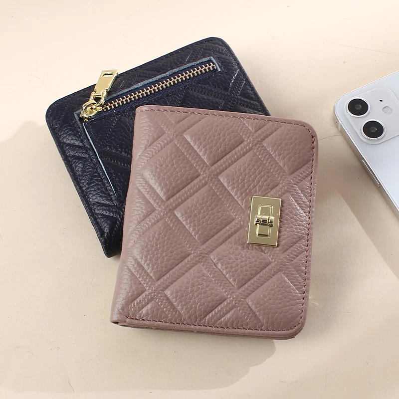 

New Multicolor Rhombic Fabric Genuine Leather Bifold Wallet Fashionable Card Bag Ultra Thin Lincese Holder for Ladies Monederos