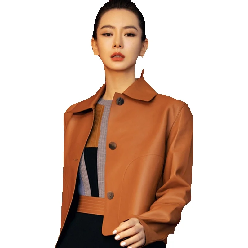 Весеннее пальто Qi Wei из натуральной кожи женская короткая приталенная куртка