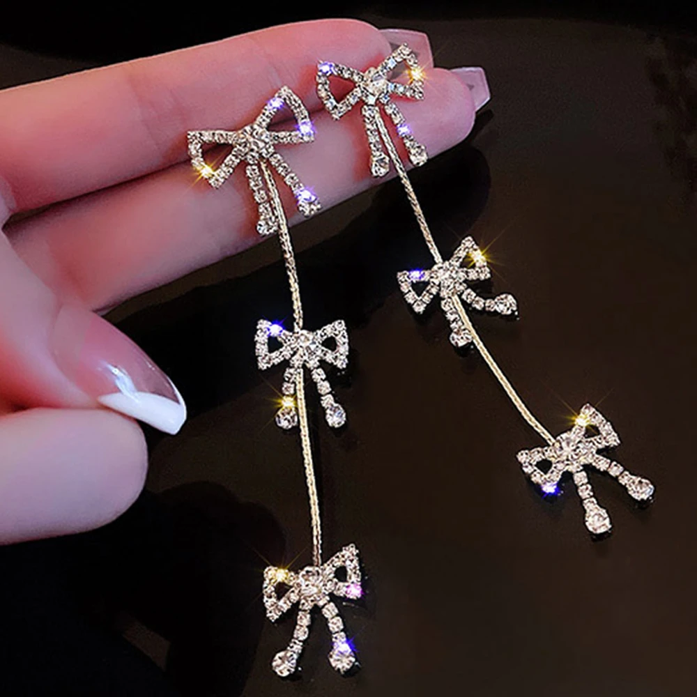 

Trendy Bow Tassel Drop Earrings for Women S925 Rhinestone Gold Silver Dangle Ear-ring Charm Girl Ear Wire Party Jewelry Gift Hot