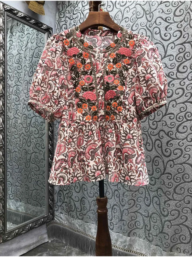 

Blusas Feminino 2023 Summer Fashion Style Blouse Shirts Women Exquisite Embroidery Floral Prints Short Sleeve Casual Tops Female