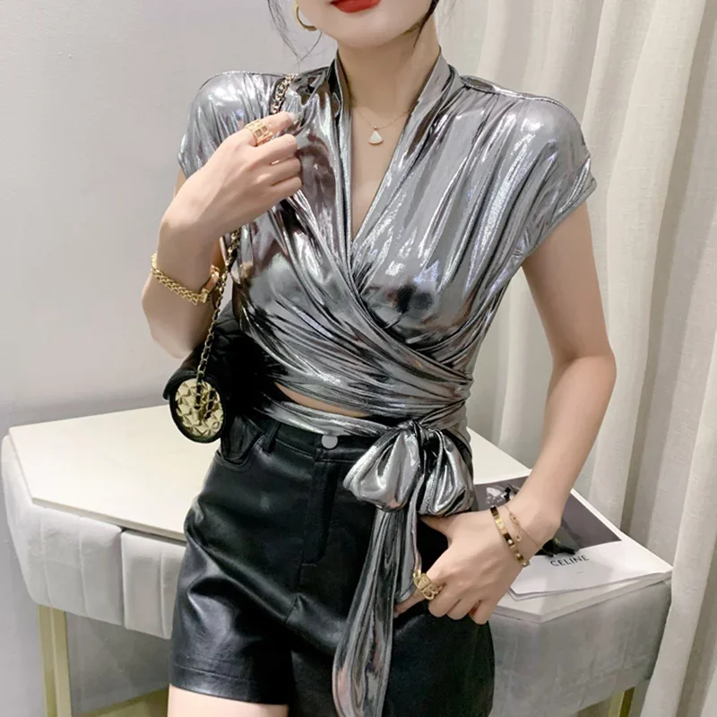 Блестящая футболка без рукавов женская сексуальная уличная одежда Сексуальная