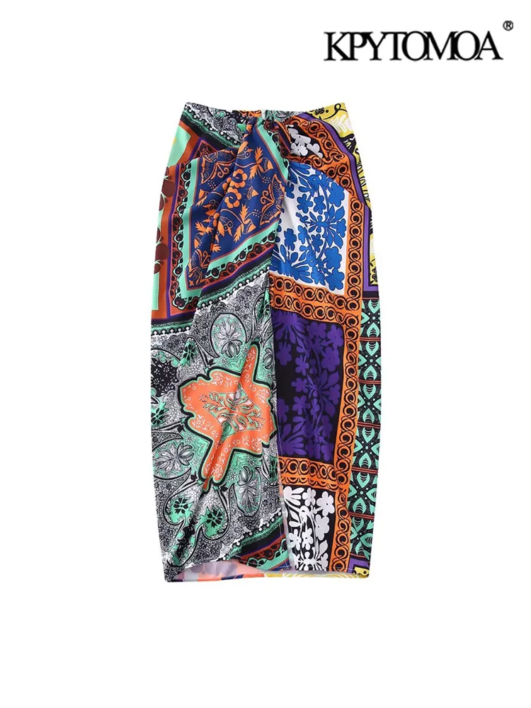 

KPYTOMOA Women Fashion With Knot Pleated Printed Midi Skirt Vintage High Waist Back Zipper Female Skirts Mujer