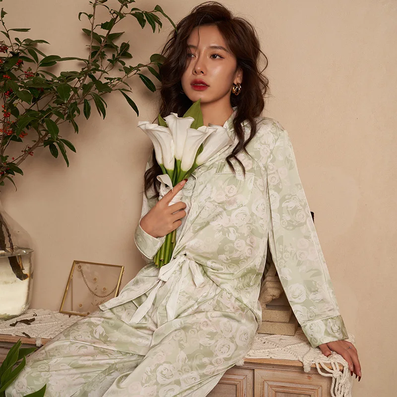 Women's Pajamas Summer Long-Sleeve Lapel Suit Ins Rose Printed Artificial Silk plus Size Homewear Women