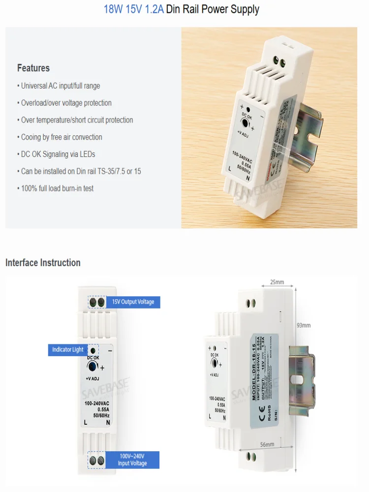 Фото Блок питания DR-18-15 15В 1.2А 18Вт на DIN-рейку, AC100-240В, с LED-индикатором, для систем видеонаблюдения, домофонов, дверных звонков, с защитой от перегрузки, CE RoHS №2
