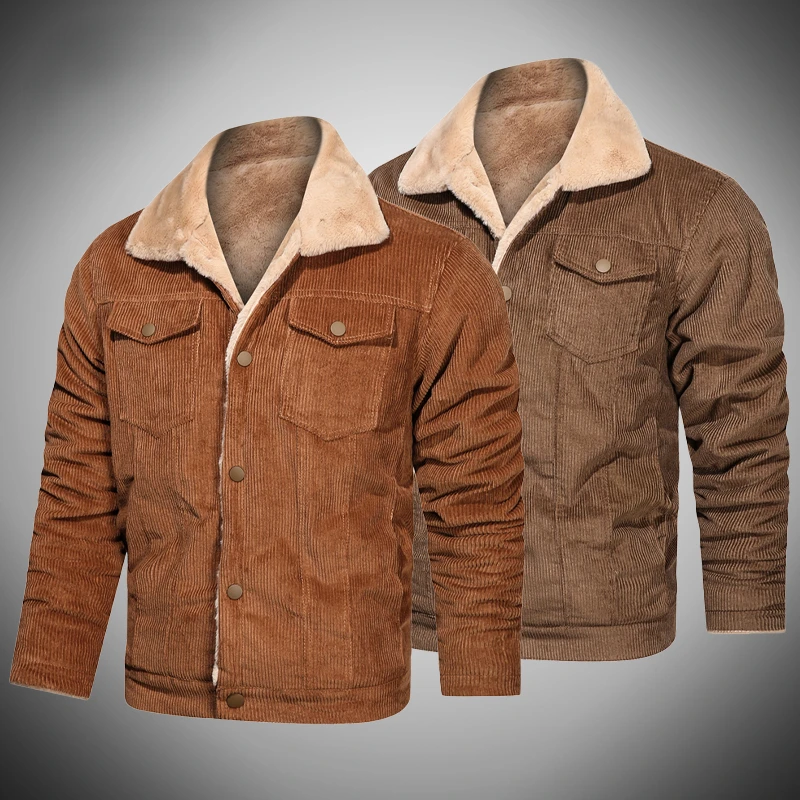 

Winter Men's Cotton-Padded Jacket Fleece Thick Warm Parkas Jacket Men Casual Lapel Pockets Parka Overcoat Brand Corduroy Coat