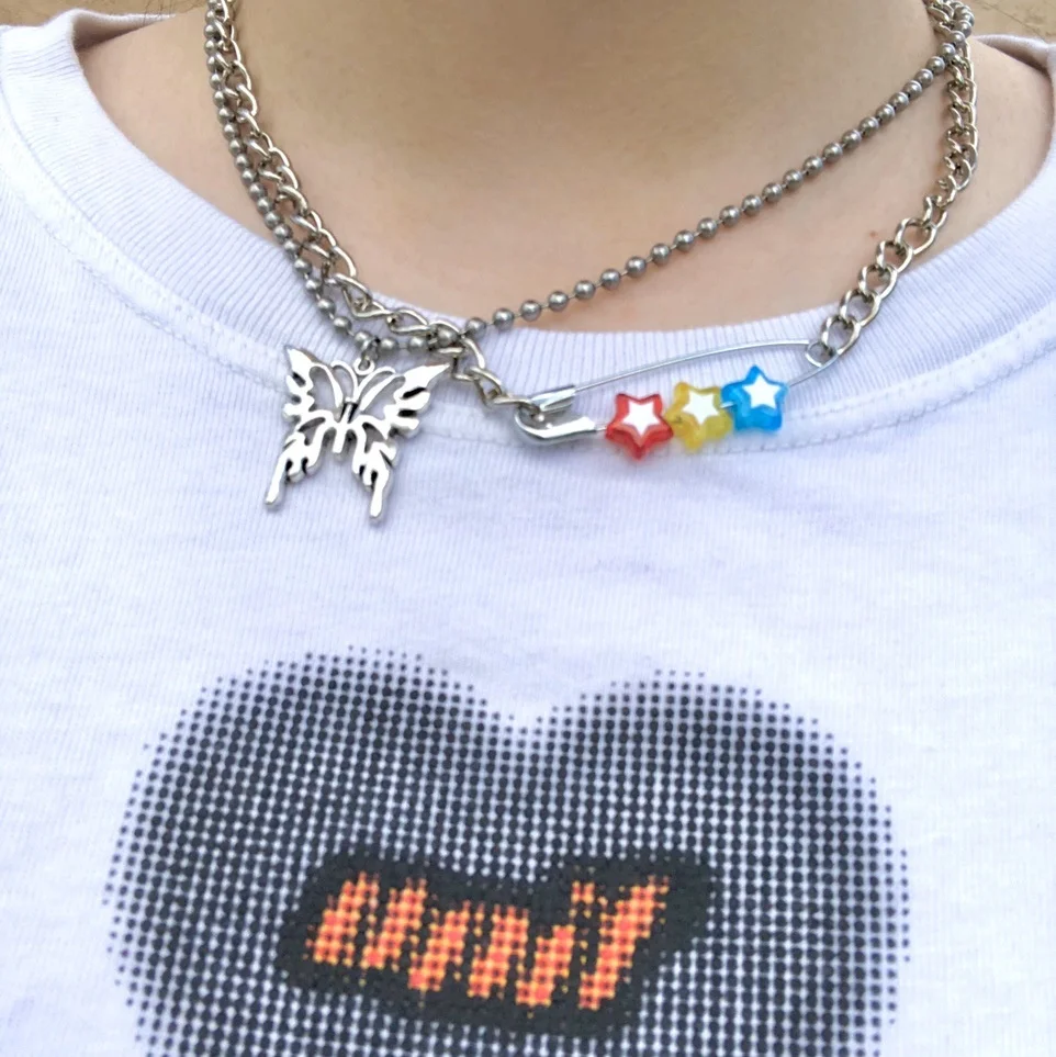 

Harajuku Gothic Pin Color Stars Butterfly Necklace For Women Men Silver Choker Friends Accessories Gifts