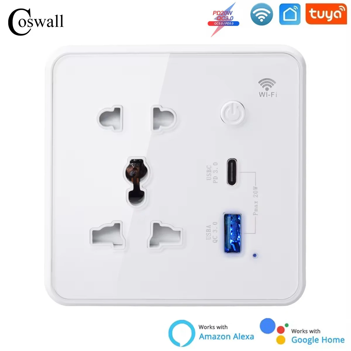 

Белая стеклянная умная розетка Coswall с быстрым зарядным устройством 20 Вт