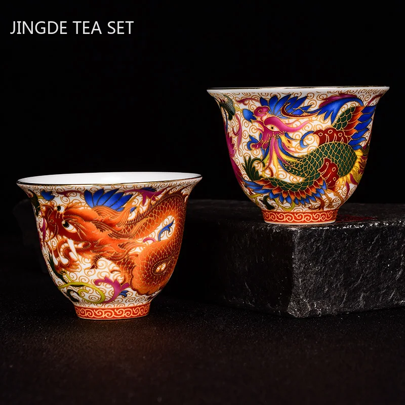 Chinese Handmade Porcelain Tea Cup Household Dragon and Phoenix Pattern Teacup Ceramic Master Cup Personal Tea Bowl Teaware