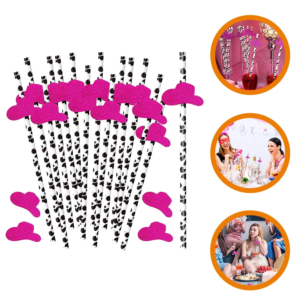 

36 Pcs Beverage Straws Dancing Party Paper Cowboy Decors Pink Hat Drink Supplies Decorations Decorate