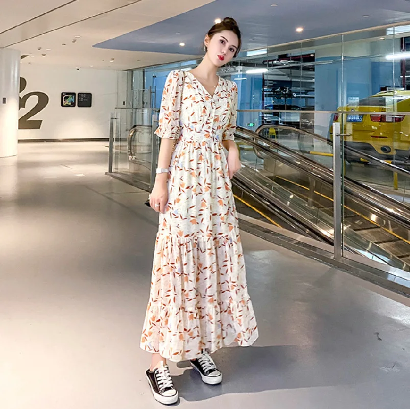 

ELIJOIN Summer Fashion French Dress Short Sleeve Yellow Chiffon Chrysanthemum Dress Long Female Floral High Waist Dress Beach
