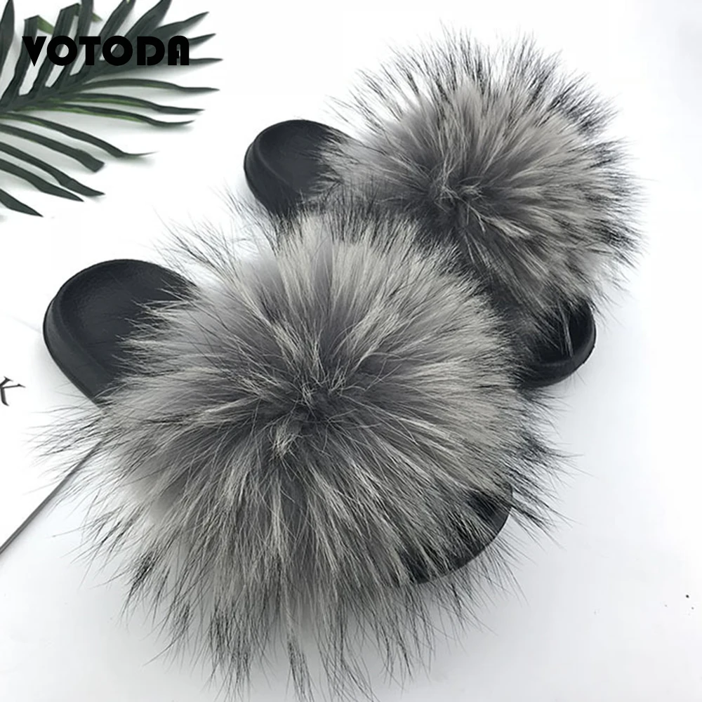 New Fur Slippers Women Fluffy Real Fox Fur Slides Fuzzy Raccoon Hair Flip Flops Comfortable Indoor Sandals Summer Woman Fur Shoe