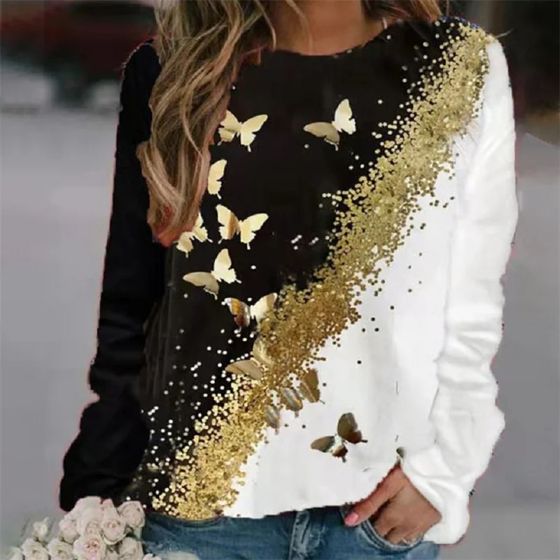 

Женские футболки свитер с круглым вырезом и принтом бабочек и цветов Женская футболка Новинка 2022 Универсальный Топ с длинным рукавом для ос...
