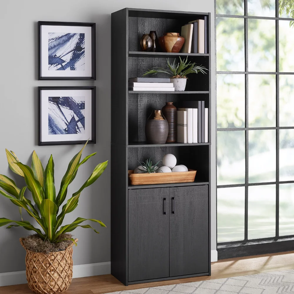 Traditional 5 Shelf Bookcase With Doors, Black book shelf fu
