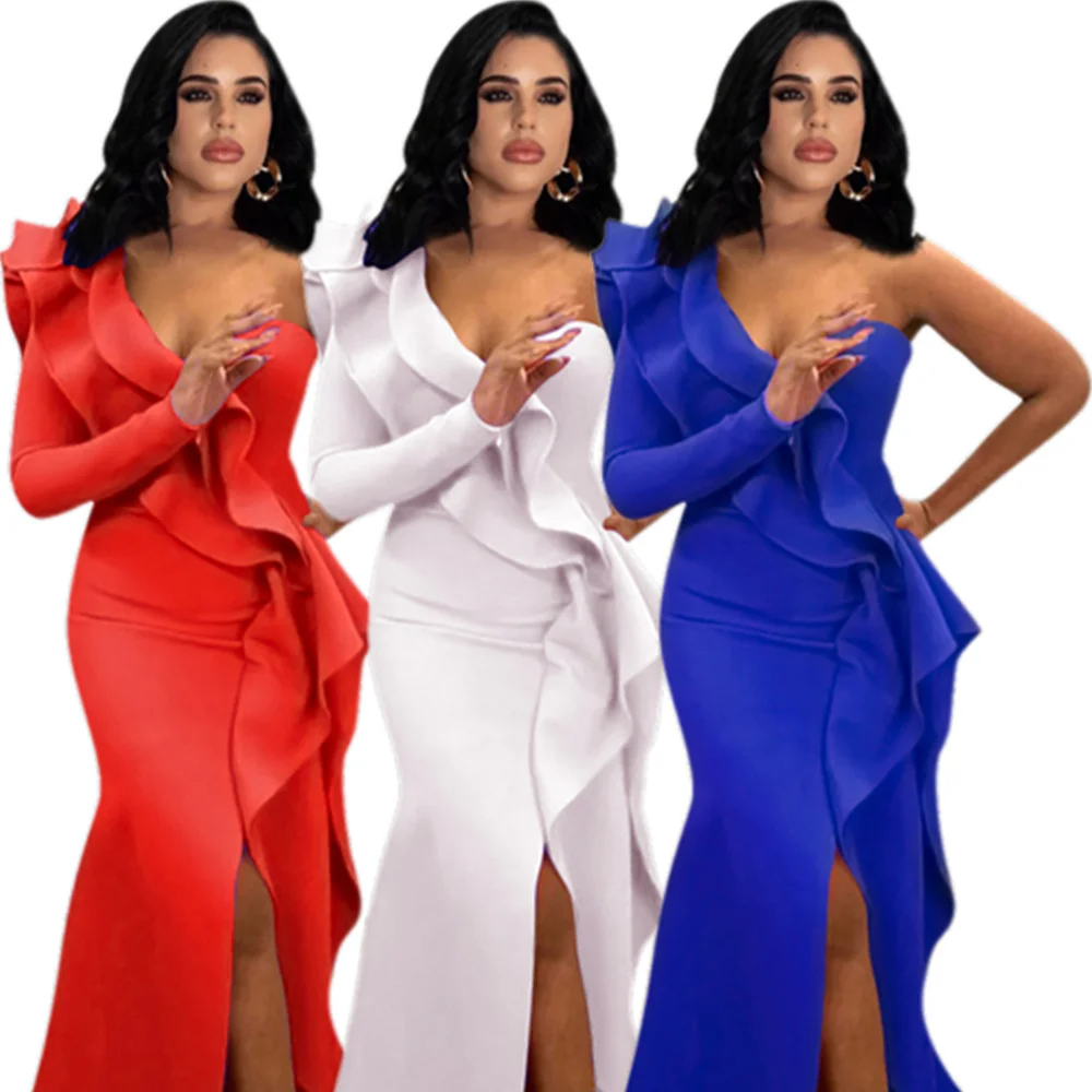 

Evening Dress For Party Off Shoulder Split Dress Autumn Slim Fit Long Vestidos Elegant Fashion Female Clothing Ruffle Dresses