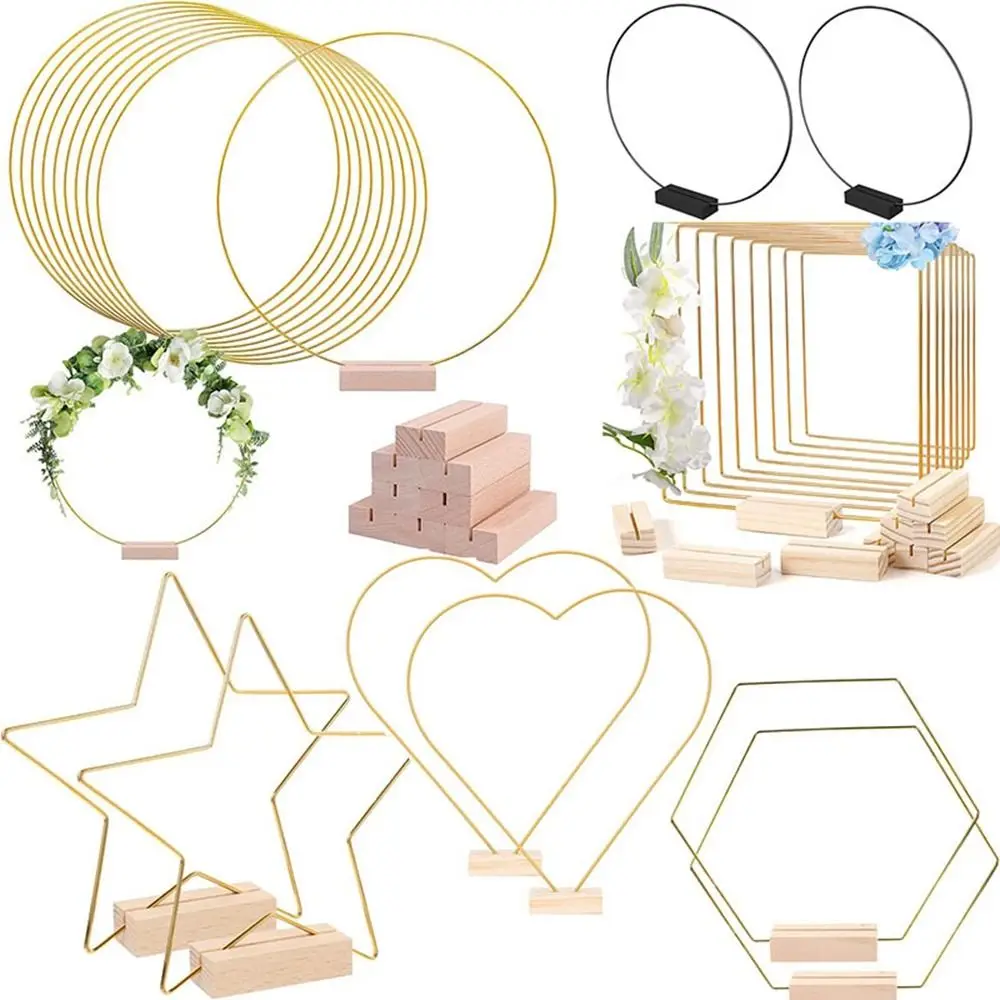 

Gold Metal Floral Ring Hoop with wooden base for Wedding Party Table Centerpiece Decoration Artificial Flower Garland DIY Wreath