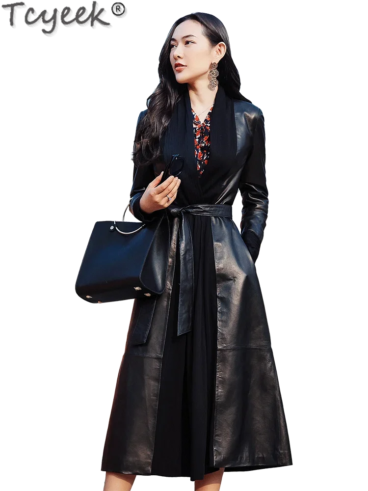 Tcyeek куртка из натуральной кожи женская элегантная дубленка плащ средней длины