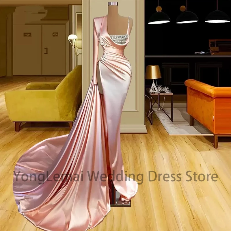 

Custom Made Satin Shiny Long Sleeves Pink Prom Dresses Sexy Sequins Appliques Side Slit V-neck Classic Celebrity Evening Dresses