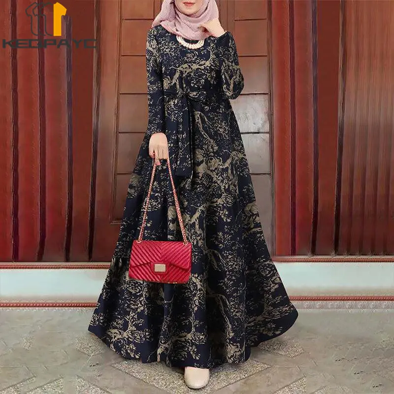 New Muslim Women Dubai Abaya Cotton Linen Long Dress Kaftan Islam Arab Vintage Print Loose Dresses Robe Middle East Eid Clothing