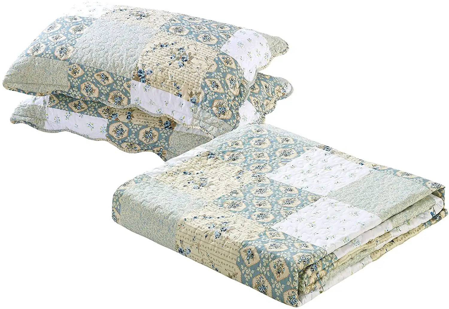 

New Reversible 3pc Floral Printed Patchwork Blue/Green Bedspread/Quilt Set