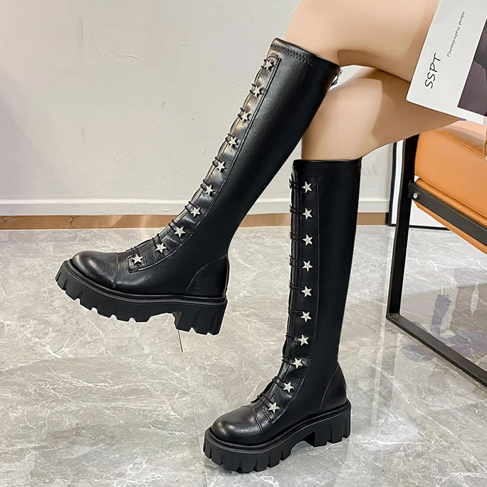 Add fleece design sense back zipper high boots 2023 women new thick soled shoes mid-heel matching color student boots