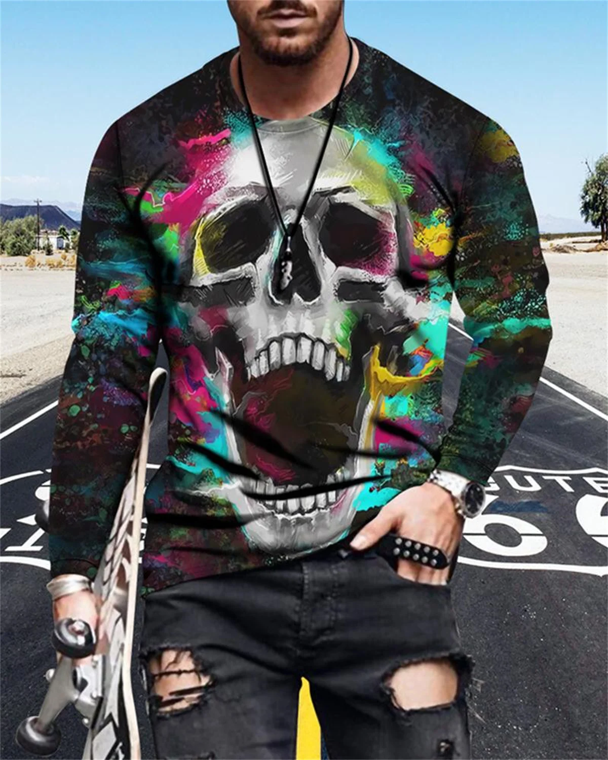 

2022 new men's gym sports t-shirt casual sports 3d digital skull print t men's street trend European and American style long-sle