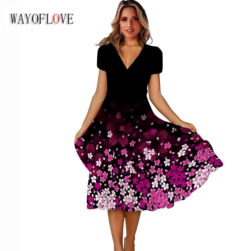 

WAYOFLOVE Spring Summer Elegant Woman Dress Party Vintage Casual Beach Holiday Vestidos Flowers Print Short Sleeve Black Dresses