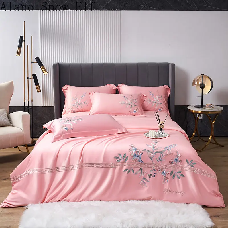 

2023 New 100% Silk Beauty Home Bedroom Bedding Set Embroidery Cover Flat Sheet Bed for Adult Bed Set Edredom King Summer