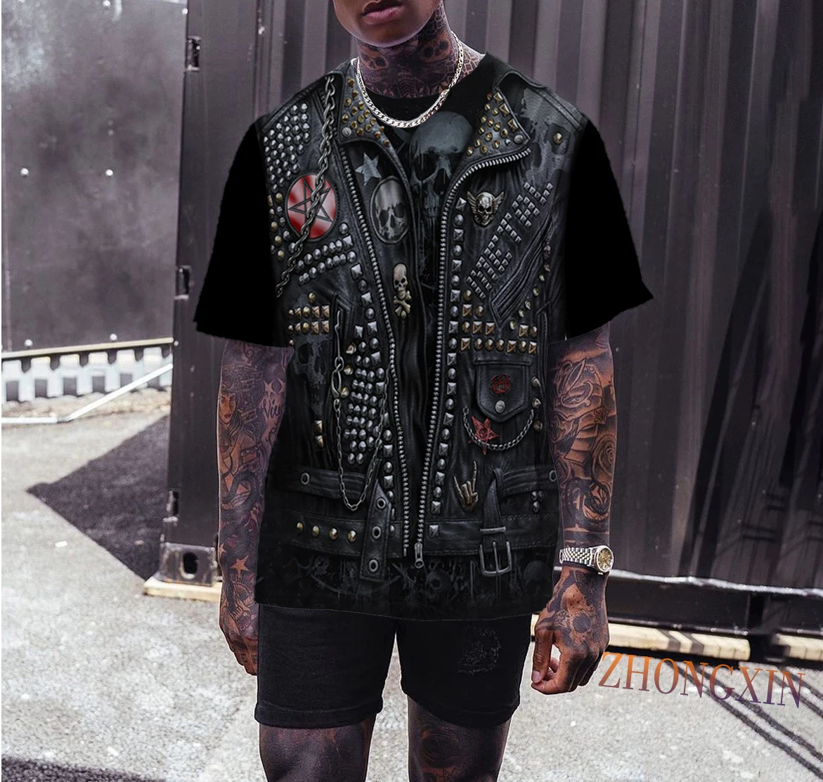 

2021 Hot New Brand Summer Men's T-Shirt Rock Hip Hop Street 3D Angel and Skull Print Funny Oversized Skull Short Sleeve Jacket