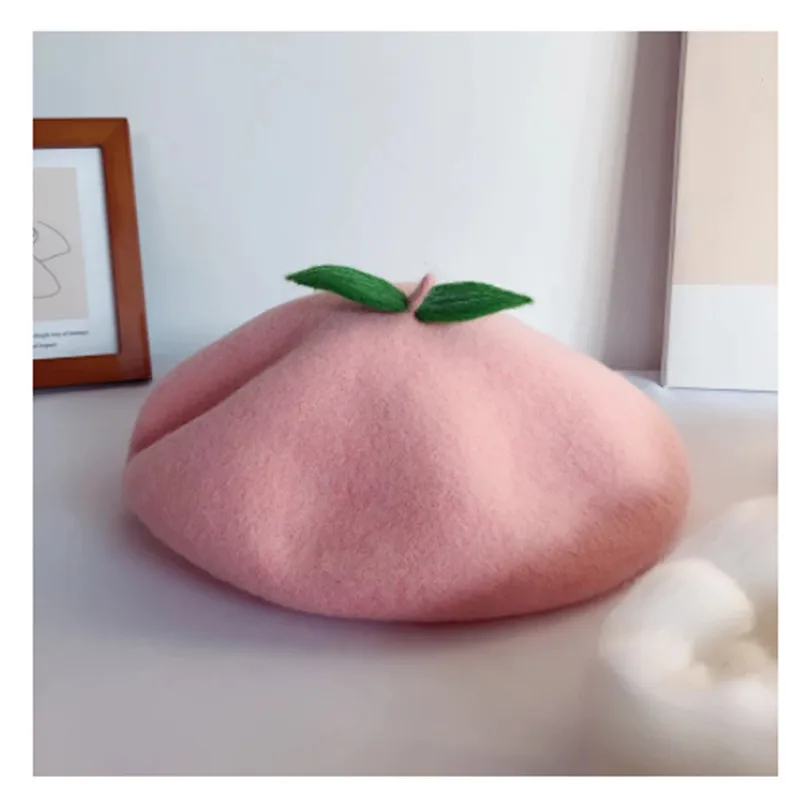 

Holiday Peach Cute Fruit Matte Women Girls Handmade Berets French Beret Winter Fashion High Quality Wholesale