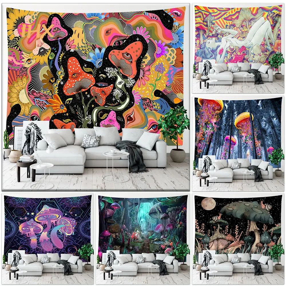 

Home Decor Psychedelic Mushroom Forest Tapestry Wall Hanging Boho Room Hippie Retro Mushroom Aesthetic Tapestry tapiz