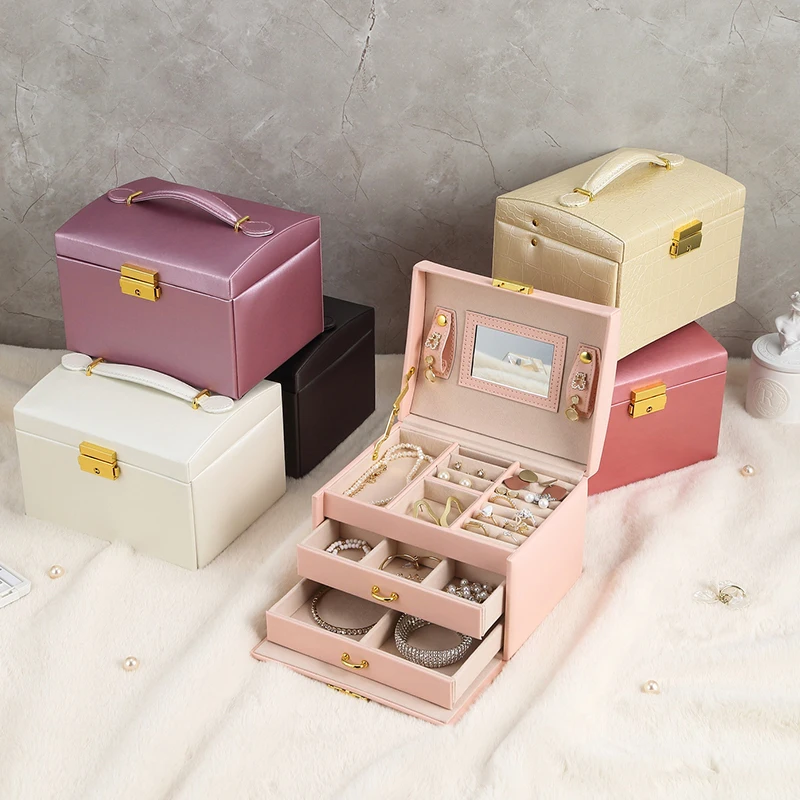 Casegrace Portable Jewelry Box Leather Jewellery Storage Case Drawer Display Earring Necklace Organizer Boxes With Key Lock Pink