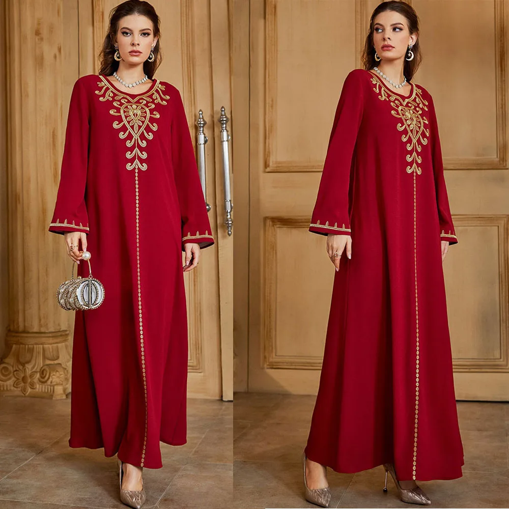 

Vintage Embroidery Women Long Dress Ethnic Long Sleeve Muslim Ramadan Abaya Arab Islam Clothes O-neck Dubai Middle East Fashion