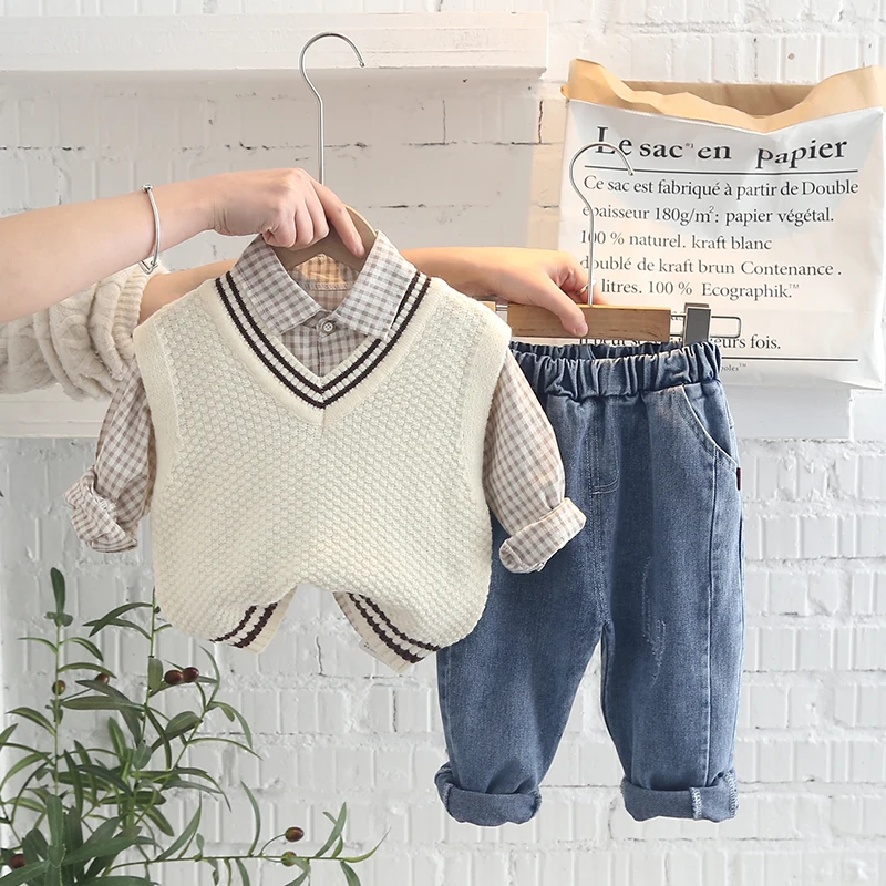 

0-5 Years Spring Autumn Baby Boy Clothing Set New Kids Casual Fashion Solid Knitted Vest+Plaid Shirt+Jeans Toddler Clothing Sets
